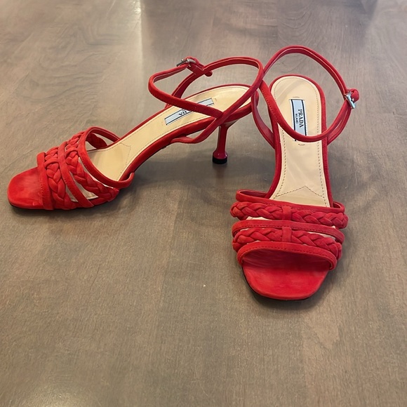 Like new red suede Prada kitten heels, approximately 1 inch. - Picture 2 of 5